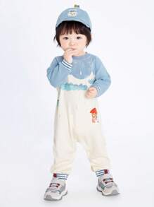 Balabala Bộ áo liền quần dệt kim Unisex cho bé - Xanh và trắng - Xem 1