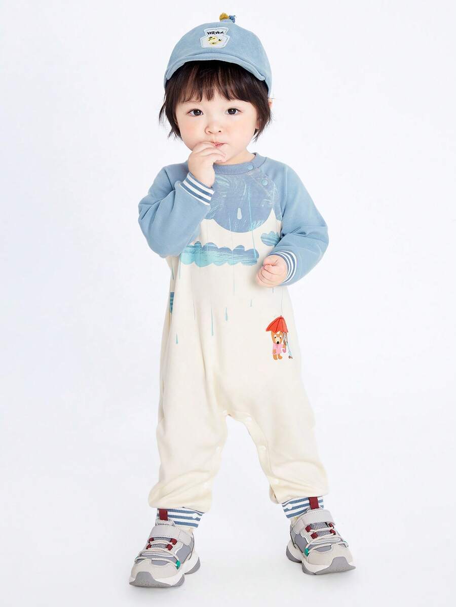 Balabala Bộ áo liền quần dệt kim Unisex cho bé - Xanh và trắng - Xem 1