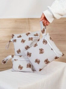 3 chiếc túi đựng tã em bé họa tiết gấu nâu và hoa dễ thương (ướt/khô)/túi đựng đồ trang trí tiệc mừng em bé cho gia đình Quà tặng - Nhiều màu - Xem 4