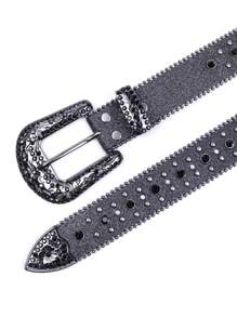 Unisex Rhinestone Waist Belt, Western Style Studded Design Leather Belt For Boys And Girls Jeans,School Halloween - Black - View 4
