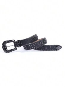 Unisex Rhinestone Waist Belt, Western Style Studded Design Leather Belt For Boys And Girls Jeans,School Halloween - Black - View 3