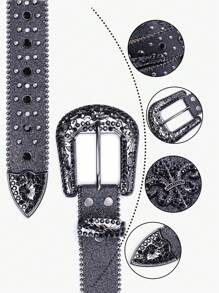 Unisex Rhinestone Waist Belt, Western Style Studded Design Leather Belt For Boys And Girls Jeans,School Halloween - Black - View 10