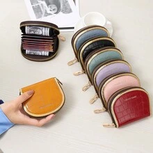 Leather Credit Card Holder Small Zipper Card Case Wallet For Women - Brown - View 3