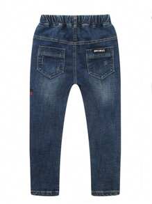 Tween Boy Elastic Loose Fit Jeans, Random Stitched Brand Marks, Spring & Autumn - Medium Wash - View 4