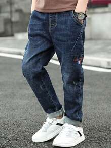 Tween Boy Elastic Loose Fit Jeans, Random Stitched Brand Marks, Spring & Autumn - Medium Wash - View 3