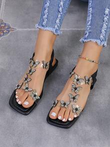 Dép quai chữ T đế bằng trong suốt bằng da PU có trang trí hình bướm đính đá cho ngày lễ tình nhân - màu đen - Xem 6