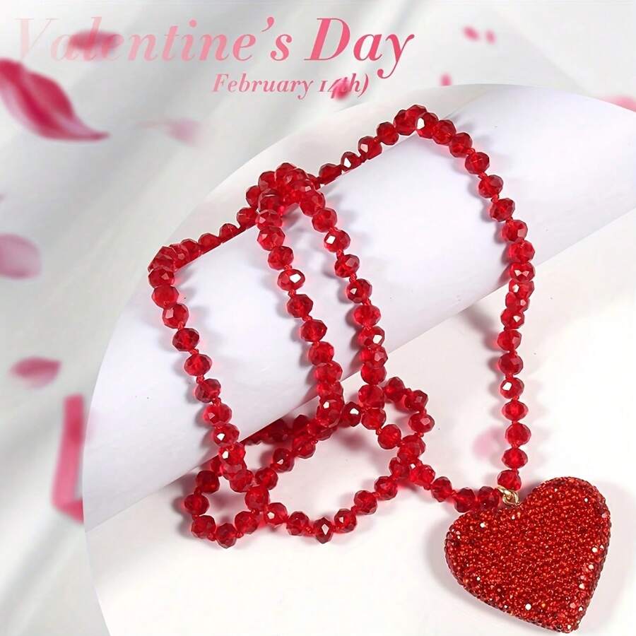 1 件新款时尚波西米亚风格 8 毫米闪亮水晶玻璃项链配聚合物粘土水钻心形吊坠，女士项链毛衣链，情人节礼物，妈妈，母亲，母亲节，礼物