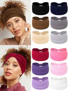 3 pezzi Fasce elastiche extra larghe a torsione di colore unito per donna, accessori per capelli alla moda e alla moda per l'autunno e l'inverno, adatti per vacanze, outfit eleganti, sciarpe, bandane e fasce per capelli morbide per donna, estivo, vacanza, viaggio - Multicolore - Visualizzare 1