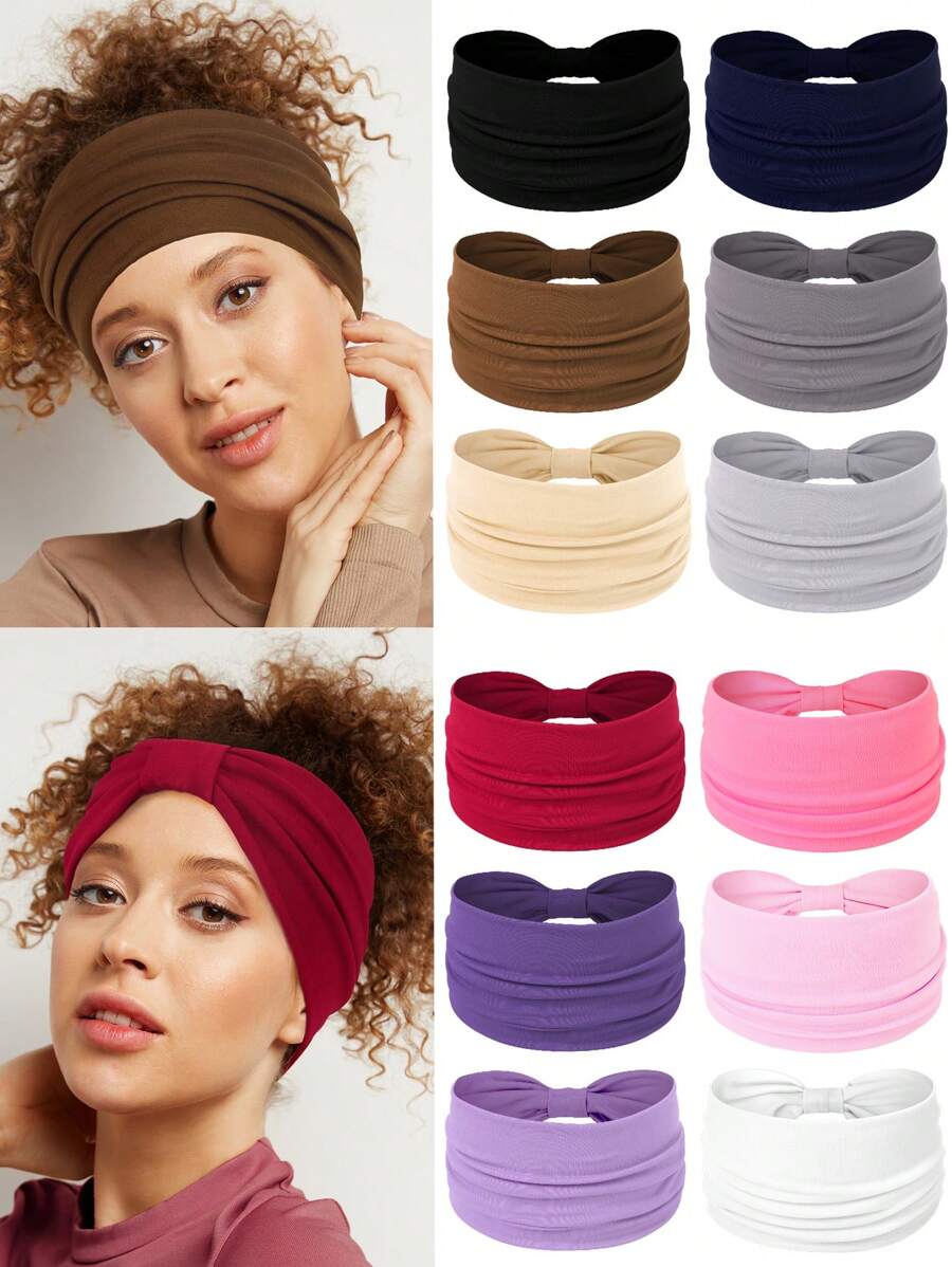 3 pezzi Fasce elastiche extra larghe a torsione di colore unito per donna, accessori per capelli alla moda e alla moda per l'autunno e l'inverno, adatti per vacanze, outfit eleganti, sciarpe, bandane e fasce per capelli morbide per donna, estivo, vacanza, viaggio - Multicolore - Visualizzare 1