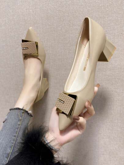 2025 New Elegant High Heel Shoes For Women, Soft Leather Mid-Chunky Heel Pointed Toe Solid Color Commuting Chic French Style Pumps