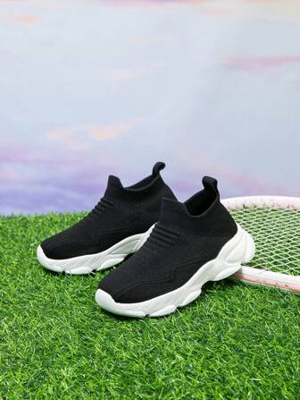 1 par de calcetines y zapatos deportivos para niños, diseño de deslizamiento conveniente, ligero, transpirable, zapatos para correr antideslizantes, estilo de punto casual y moderno