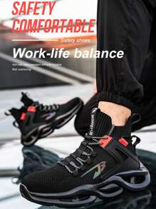 Men's Work Safety Shoes, High-Top Lace-Up, Sturdy Steel Toe Cap, Anti-Crush, Anti-Puncture, Anti-Skid, Breathable, Lightweight, Industrial Construction Outdoor Work Safety Boots, Suitable For All Seasons - Black - View 4