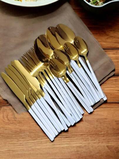 Faqueiro de Inox De Luxo Talheres de Cozinha Branco com Dourado faca de Mesa Colher de Mesa Colher de Sobremesa Garfo de Mesa 24peças