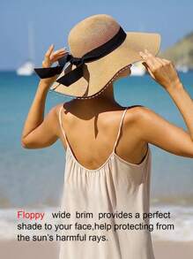 1入組女士簡約風格蝴蝶結寬邊遮陽帽，適合海灘度假 - 彩色 - 查看 12