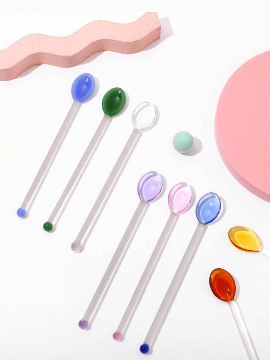 1pc Cute Long Handled Glass Spoon, Colorful Coffee / Milk / Juice Stirring Spoon - White - View 1