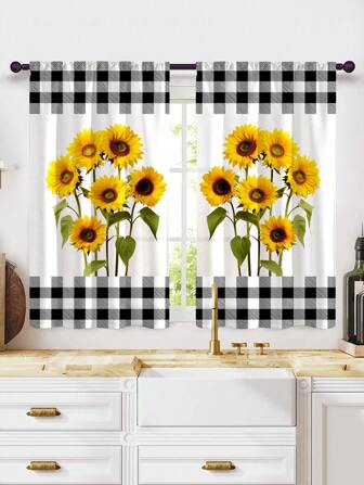 2pcs Modern Fresh Grid & Sunflower Digital Printing Decorative Rod Pocket Kitchen Short Curtains