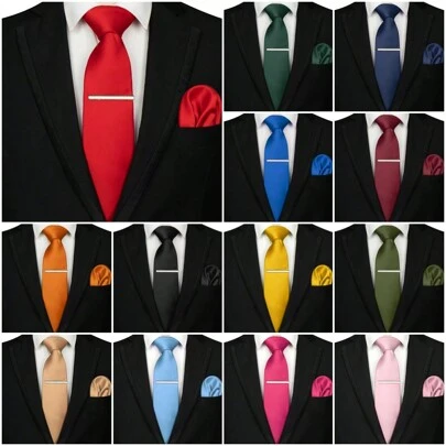 Men's Classic Solid Color Necktie Set With Handkerchief And Tie Clip, For Wedding & Festival