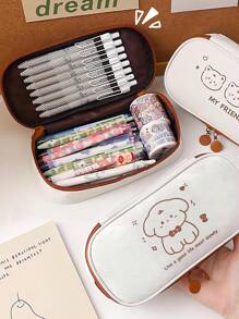 1pc Cartoon Canvas Student Pencil Case With Large Capacity, Simple Stationery Storage Bag - Beige - View 6