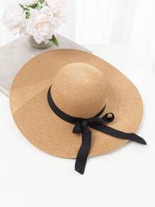 1入組女士簡約風格蝴蝶結寬邊遮陽帽，適合海灘度假 - 彩色 - 查看 15