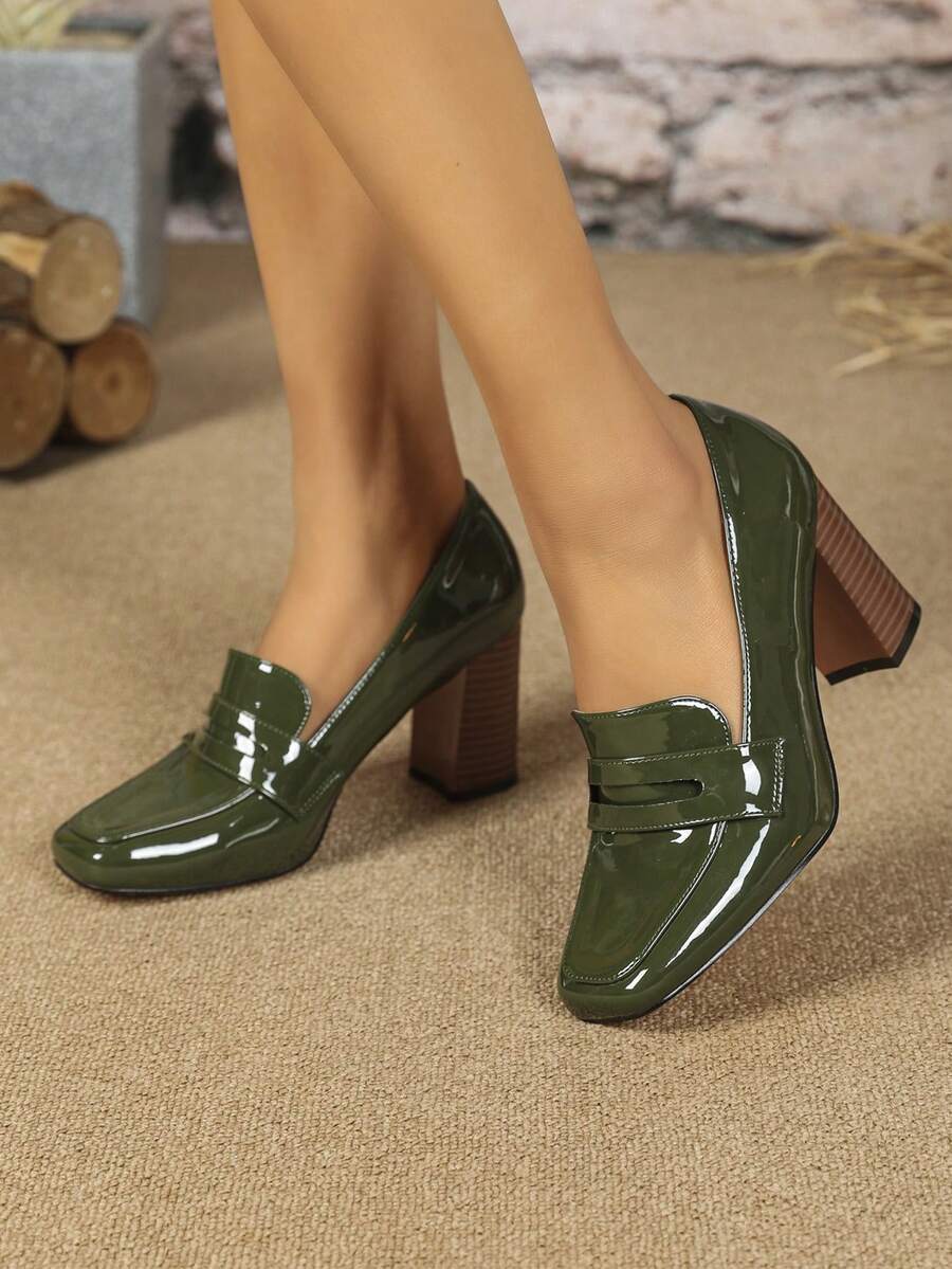 2024新款女士英伦风高帮简约时尚舒适经典通勤玛丽珍方头高跟乐福鞋，粗跟设计，红棕色条纹漆皮，春秋冬四季皆宜，经典正式场合流行绿色水晶漆皮街头优雅女士单鞋，展现社交名媛的优雅气质，轻松行走，长时间站立不累。 - 墨綠色 - 查看 1