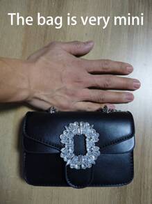 水鑽裝飾黑色斜挎包，翻蓋，時尚質感，多功能鏈帶，迷你女式手提包優雅水鑽單肩包，PU 腋下包，女士時尚通勤手提包和錢包 - 黑色 - 查看 3