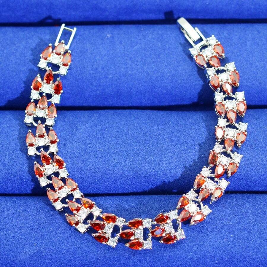 1件豪華貓眼石和方形氧化鋯鑲嵌金色手鐲,適合女性婚禮珠寶禮物 - 紅色 - 查看 1