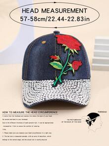 1入流行女性鑽石玫瑰刺繡棒球帽,彎邊和可調節帶適用於日常穿著,旅行,牛仔帽,父親帽,遮陽帽 - 藍色 - 查看 4