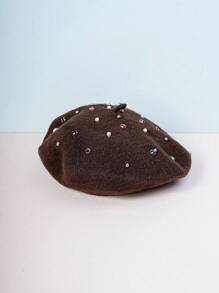 1pc Unisex Y2k Style Colorful Rhinestone Beret Cap Suitable For Outdoor Leisure, Daily Commute, And Versatile Fashion, Coffee Color - Coffee Brown - View 12