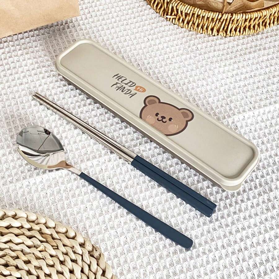 1set Portable 304 Stainless Steel Cutlery Set With Storage Box