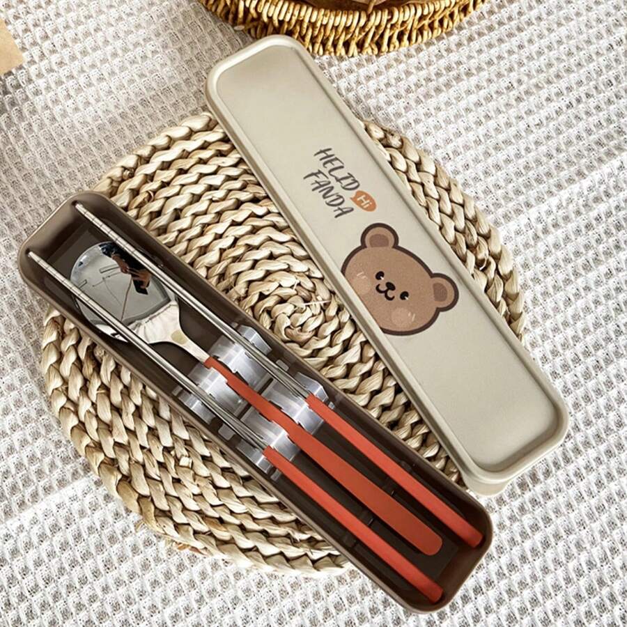 1set Portable 304 Stainless Steel Cutlery Set With Storage Box