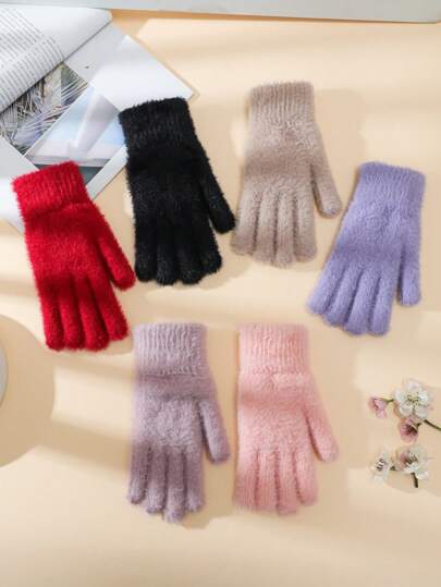女士毛绒针织手套一双，保暖分指骑行防风保暖内衬，秋冬季