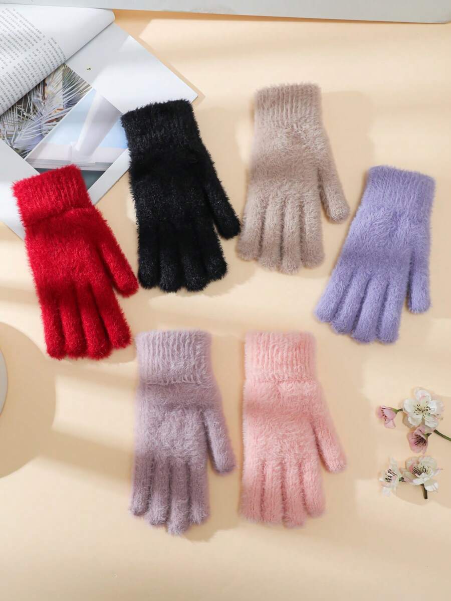 女士毛绒针织手套一双，保暖分指骑行防风保暖内衬，秋冬季 - 分指手套 - 查看 1