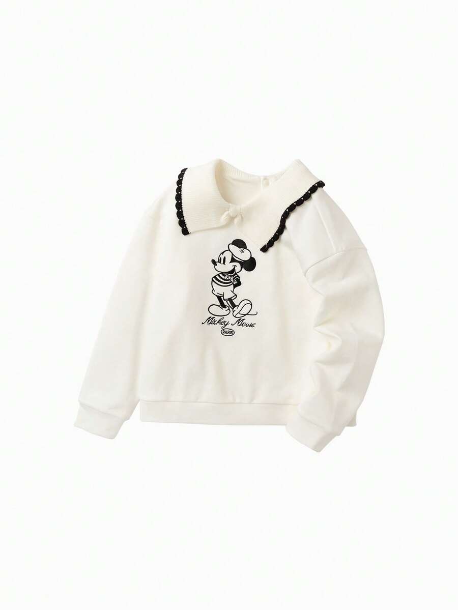 Balabala Young Girl Clothing Spring And Autumn Cute Bow Big Lapel Mickey Mouse Embroidered Sweatshirt White - White - View 1