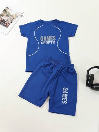 2pcs Young Boys' Casual Sports Jersey With Letter Printed Short Sleeve Top And Shorts, Quick Dry Summer Outfits