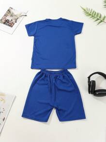 2 Stücke Kleine Jungen Lässig-Sporttrikot mit Buchstaben Muster Kurzarm Top und Shorts, Quick-Dry-Sommeroutfits - Blau - Übersicht 2