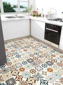 1 Rollo de adhesivo de piso estilo europeo, pegatina de vinilo impermeable con patrón de baldosas para instalar de forma instantánea en la sala de estar, cocina, dormitorio, piso de dormitorio, baldosas autoadhesivas para decoración del hogar