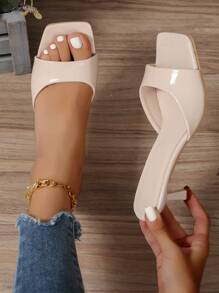 女士亮面漆皮高跟凉鞋，新款夏季时尚方头系带一脚蹬拖鞋，适合派对、休闲、沙滩，闪亮米色高跟鞋，橡胶防滑鞋底 - 杏色 - 查看 1