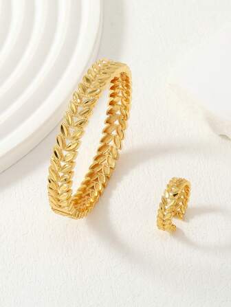 24k Dubai Elegant Wheat Bracelet & Ring Set, Ideal For Wedding, And Birthday Gift For Women, 1 Bracelet & 1 Ring