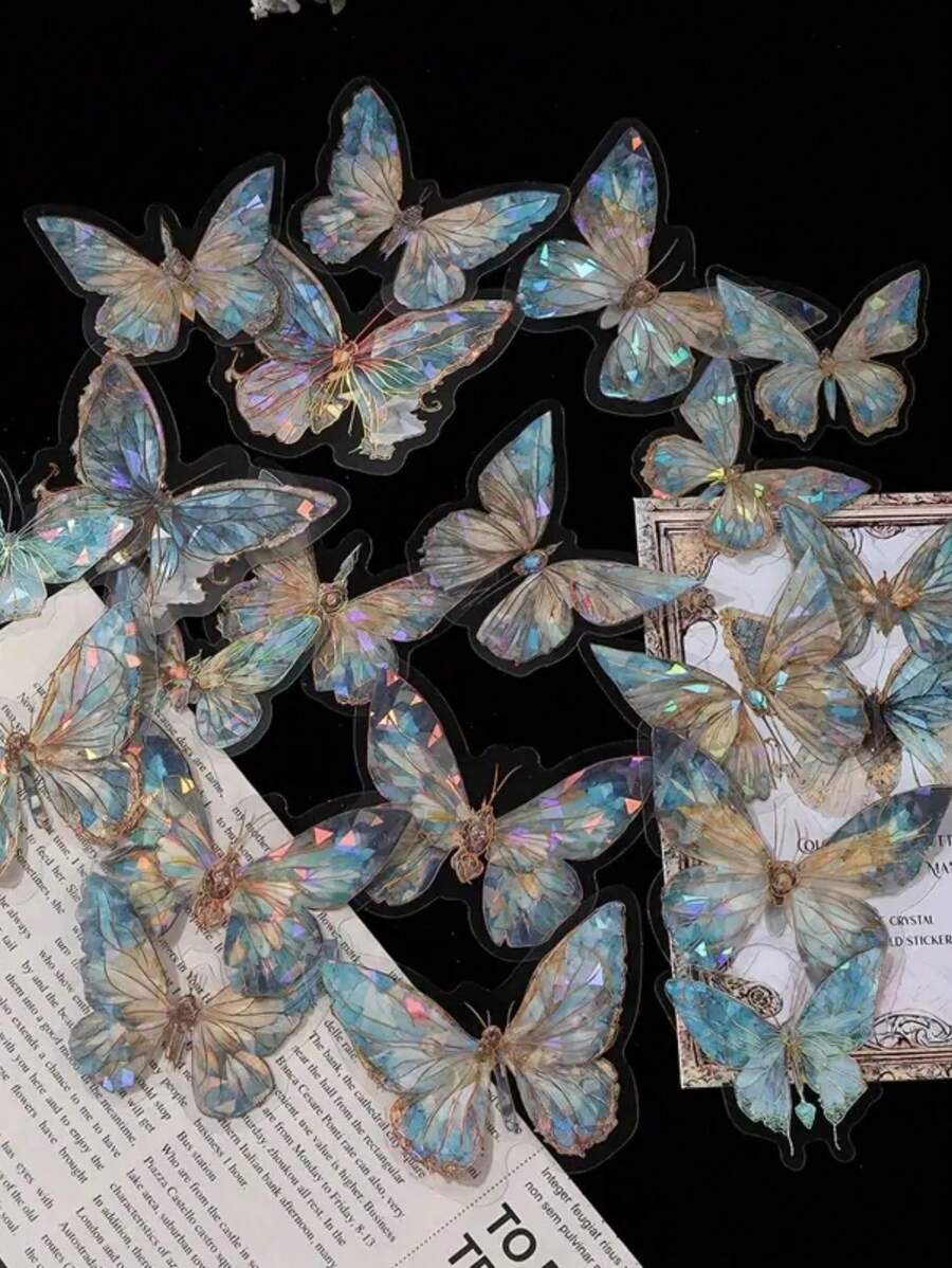1張粉色水晶蝴蝶形狀3d貼紙,適用於diy手工藝品,創意手帳裝飾和標籤標記。 - 藍色 - 查看 1