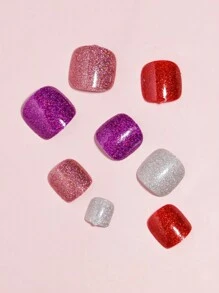 VV MEI JIA ER 4包（96件） 紫色/桃粉色/銀色/紅色帶UV塗層的閃亮腳趾甲，短方形貼式全套腳趾貼，閃爍光澤，不易掉落，女士夏季腳趾美甲套裝，法式款假腳趾甲，贈有重複使用的收納盒 - 彩色 - 查看 5