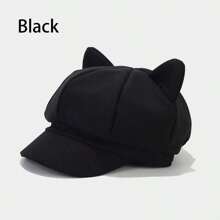 1pc Women's Cute Cat Ear Octagonal Cap British Style Vintage Knitted Newsboy Hat Winter Fall
