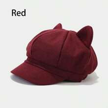 1pc Women's Cute Cat Ear Octagonal Cap British Style Vintage Knitted Newsboy Hat Winter Fall