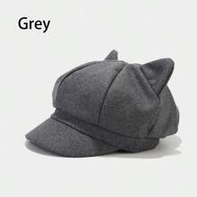 1pc Women's Cute Cat Ear Octagonal Cap British Style Vintage Knitted Newsboy Hat Winter Fall