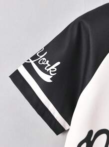 Vihyde Tween Boy Letter Printed Stand Collar Four-Button Color Block Short Sleeve Shirt & Shorts Casual Holiday Summer Outfit - Apricot - View 3