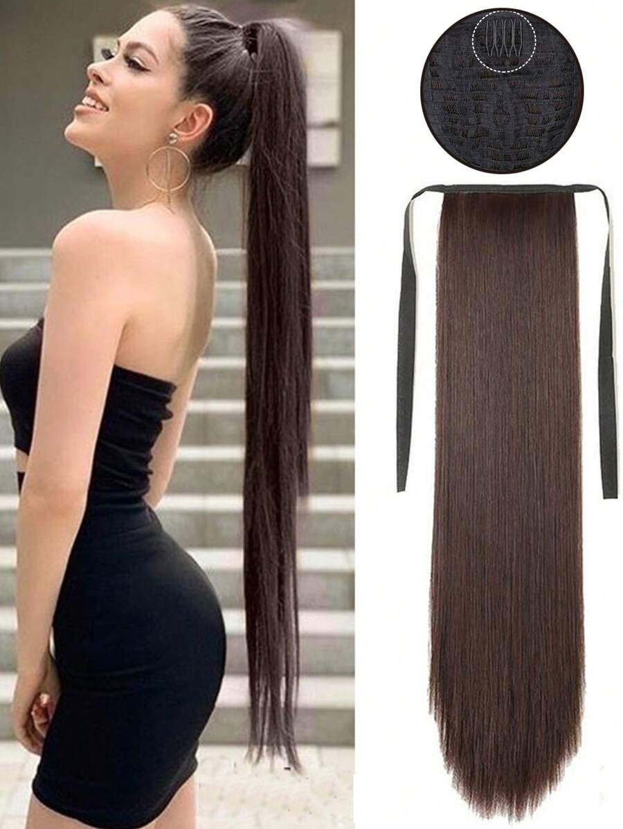 1PC Synthetic Hair Fiber Straight Hair With Ponytail Extensions Wig Wig Chip-In Hair Extensions Pony Tail Wigs - Black-brown - View 1