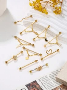 1pc Elegant New Arrivals Golden Yellow Industrial Piercing Jewelry 14G 316L Stainless Steel Flower Leaf Heart Wave Industrial Earrings 5A Stone For Women Men Chain Dangle Industrial Bar Piercing Cartilage Helix Piercing Earrings Industrial Barbell Body Piercing Jewelry For Party Daily Wear Valentines,Mom,Mother,Mother's Day,Gift - Multicolor - View 5