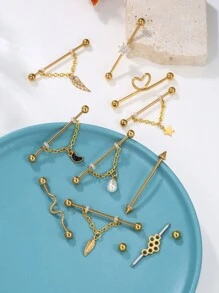 1pc Elegant New Arrivals Golden Yellow Industrial Piercing Jewelry 14G 316L Stainless Steel Flower Leaf Heart Wave Industrial Earrings 5A Stone For Women Men Chain Dangle Industrial Bar Piercing Cartilage Helix Piercing Earrings Industrial Barbell Body Piercing Jewelry For Party Daily Wear Valentines,Mom,Mother,Mother's Day,Gift - Multicolor - View 4