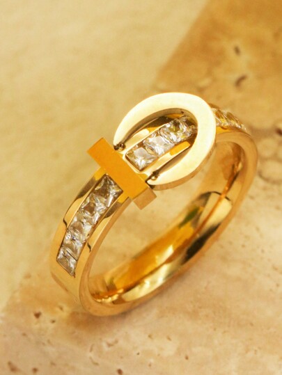 1 Piece Stainless Steel New Fashion Upscale Jewelry Gold Color  Belt Buckle Shape Wedding Bride Rings For Women Ladies