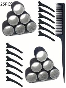 直径 3.5 厘米、5 厘米和 6 厘米，25 件套（12 个自粘卷发器，12 个发夹和 1 个发梳），适合 DIY 发型、情人节情侣礼物美发工具