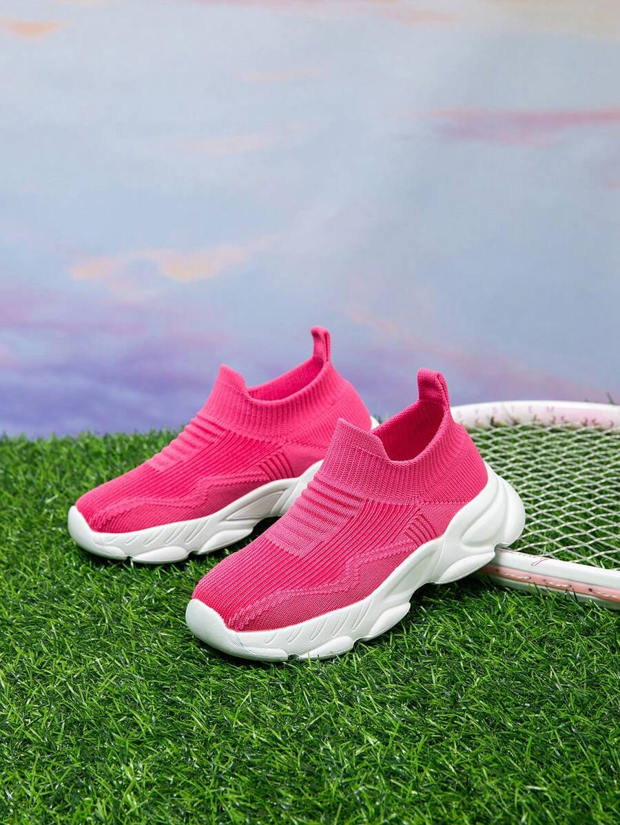 1 双儿童运动鞋袜子鞋，方便穿脱，轻便，透气，防滑跑鞋，校园时尚针织风格 - 玫紅色 - 查看 1